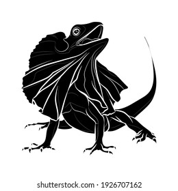 Black silhouette of the frilled lizard on white background. Vector illustration.