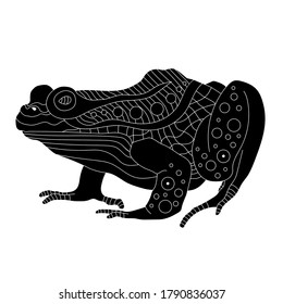 black silhouette of a frog in a decorative style with patterns. The shadow of a fat toad on a white background. Isolate