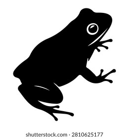 A black silhouette of a frog, showcasing its profile with detailed limbs and body shape, isolated on a plain background.
