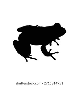 Uma silhueta preta de um sapo em perfil lateral contra um fundo branco, mostrando sua forma e características distintivas.