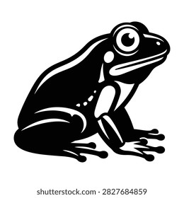 A black silhouette of a frog sitting and looking to the right with big round eyes and webbed feet, isolated on white background