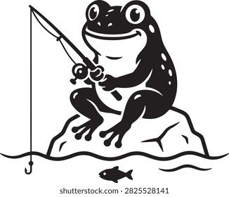 Black silhouette of a frog sitting on a rock and fishing with a rod in water, on a white background toad