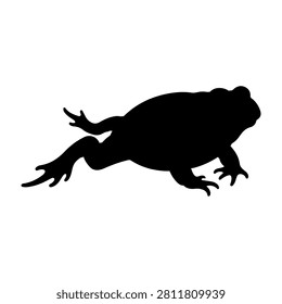 A black silhouette of a frog viewed from the side, highlighting its body shape and limbs, set against a plain white background.