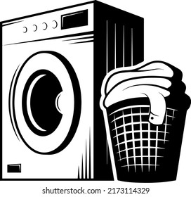 black silhouette front loading door closed washing machine near clothe bucket dust bin vector graphic design