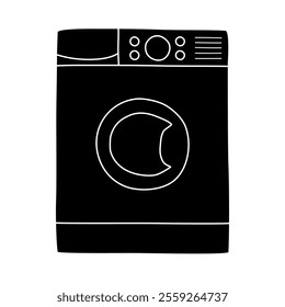 Black silhouette of front side of Washing machine or Cloth dryer, glyph icon flat vector