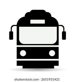 Silhueta preta de um barramento frontal ou ícone de bonde em estilo gráfico minimalista em um fundo branco. Conceito de transporte público e deslocações pendulares. Ilustração de vetor plano