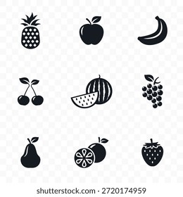 Black silhouette fruit icon set minimalist healthy food pineapple apple banana cherry watermelon grapes avocado oranges strawberry