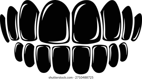 Una silueta negra de un conjunto completo de dientes humanos, ambas filas superiores e inferiores, con reflejos estilizados.