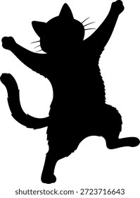 Silueta negra de un gato divertido bailando o saltando con patas levantadas en una pose alegre sobre un fondo transparente