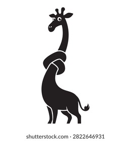 Black silhouette of a funny giraffe with a long neck tied in a knot standing alone Vector