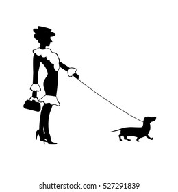 Black silhouette of a funny old-fashioned dressed woman in a hat with a dachshund isolated on a white background.