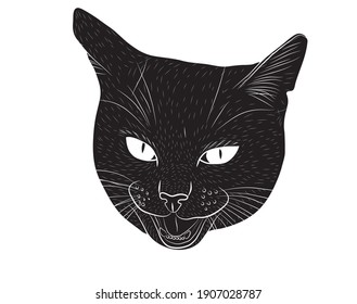 Black silhouette of a funny portrait of a meowing cat with an open mouth and big eyes in isolate on a white background. Vector illustration.