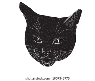 Silueta negra de un retrato divertido de un gato maullido con boca abierta y ojos grandes aislados sobre un fondo blanco. Ilustración vectorial.