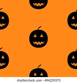 Black silhouette funny smiling pumpkins. Cute cartoon baby character. Happy Halloween. Seamless pattern. Orange background. Flat design. Vector illustration