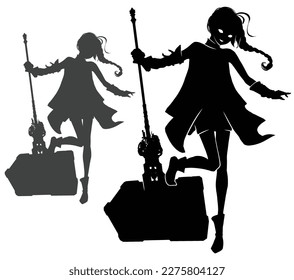 black silhouette with a funny warrior girl, she playfully stands trampling one foot on a huge hammer with a complex mechanism, she is wearing a loose cloak, she has long hair and armor gloves 2d art