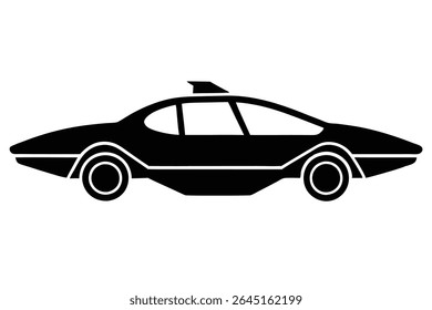 Black silhouette of a futuristic car with a small roof antenna against a white background. The style is simple and graphic.