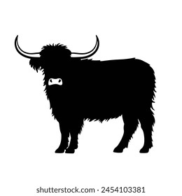 Black silhouette of fuzzy highland cow vector illustration design with white background