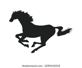 Black silhouette of galloping horse flat style, vector illustration isolated on white background. Fast strong animal, decorative design element, fluttering tail and mane