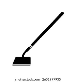 A black silhouette of a garden hoe is shown against a white background The image is a simple vector illustration with a minimalist style.