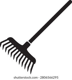 Black silhouette of a garden rake with a long handle and multiple metal tines, isolated on a white background, farming tool