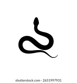 A black silhouette of a garden snake is shown against a white background The snake is depicted in a simple coiled position The style is minimalist and vector based