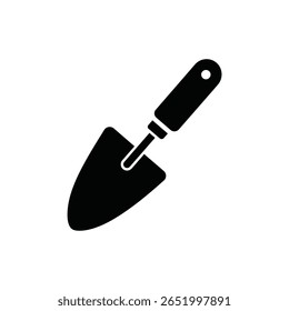 Black silhouette of a garden trowel on a white background The image is a simple vector icon with a minimalist style