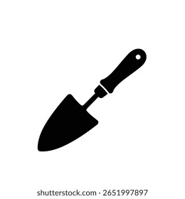 A black silhouette of a garden trowel is shown against a white background The image is a simple vector illustration with a minimalist style