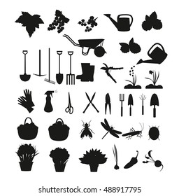 Black silhouette Gardening icons vector set. Garden icon set vector. Set of tool garden silhouettes isolated on white background.
