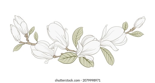 Black silhouette of a garland of magnolia flowers. Vector illustration on white background.