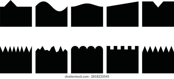Black silhouette gear tooth edge designs with jagged, rounded, and wave profiles for mechanical engineering, manufacturing, and industrial illustration