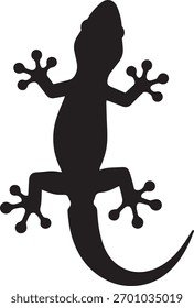 A black silhouette of a gecko is displayed against a stark white background. The gecko is depicted from a top-down perspective, with its body elongated .