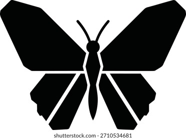 Uma silhueta preta de uma borboleta geométrica com asas angulares sobre um fundo branco. Formato escalável adequado para mídia impressa e digital.