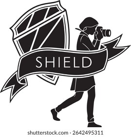 Black silhouette of a geometric wide-ribbon shield badge in clean flat style, great for certificates, award themes, and minimal design elements in stock submissions