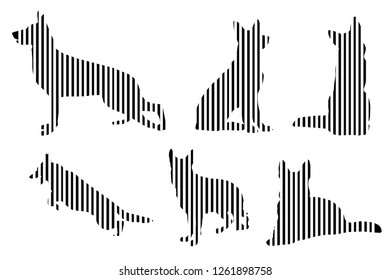 Black silhouette of German shepherd. The dog is sitting, lying, standing and jumping. The silhouette is shape from black and white strips. 