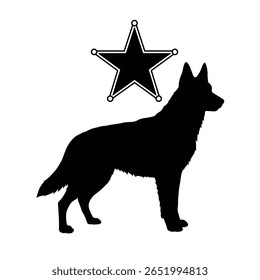 Silhueta preta de um cão pastor alemão e uma estrela de cinco pontas em um fundo branco. O estilo é simples e gráfico.