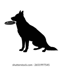 Silhueta preta de um cão pastor alemão segurando um frisbee contra um fundo branco vetor ilustração gráfica