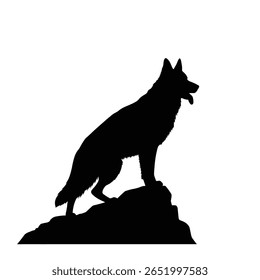 Silhueta preta de um cão pastor alemão de pé sobre uma rocha contra um fundo branco O estilo é simples e minimalista
