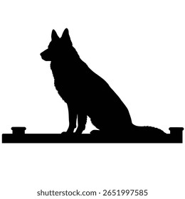 Silhueta preta de um cão pastor alemão sentado em um simples ícone de doca preta contra um fundo branco. O estilo é minimalista e baseado em vetor.