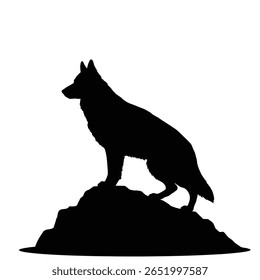 Black silhouette of a German Shepherd dog standing on a black rock against a white background The image is a simple vector illustration with a minimalist style