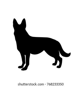 Black silhouette of german shepherd dog standig sideway isolated on white background. Vector illustration, icon, clip art. Symbol of 2018 new year.