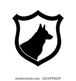 Uma silhueta preta da cabeça de um cão pastor alemão é centrada dentro de uma forma de escudo preto contra um fundo branco O estilo é simples e ousado