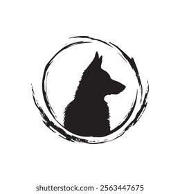 A black silhouette of a german shepherd dog’s head logo, surrounded by a circle. A white background. Silhouette.