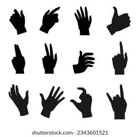 Black Silhouette of the gesture diverse people hands fists palm isolated on white background