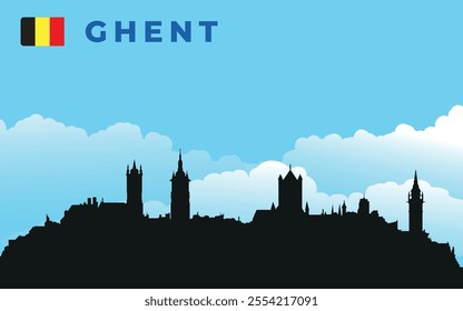 Black silhouette of Ghent city skyline with text and flag. Vector on the background of blue sky and white clouds