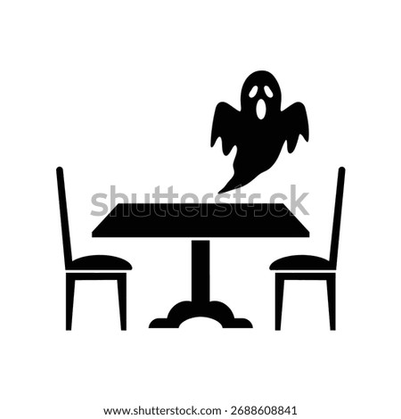 Black silhouette of a ghost above a table and two chairs on a white background.