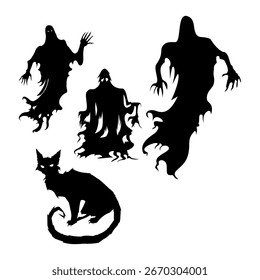 Silhueta preta de fantasma e gato, estilo vetorial, fundo branco