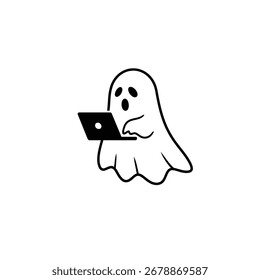 Silhueta preta de um personagem fantasma usando um laptop em um fundo branco.