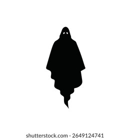 A black silhouette of a ghost floats against a white background The ghost is depicted in a simple style with minimal detail.