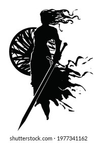 The black silhouette of the ghost of a man in a torn toga, he floats through the air as if in water, in his hands a strange holey shield and a long sword. 2d illustration