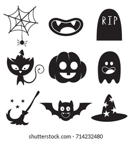 Black silhouette of ghost, pumpkin, bat, hat of witch and broom, cobweb with spider, black cat, tombstone and vampire's mouth. Vector icons set for Halloween isolated on a white background.